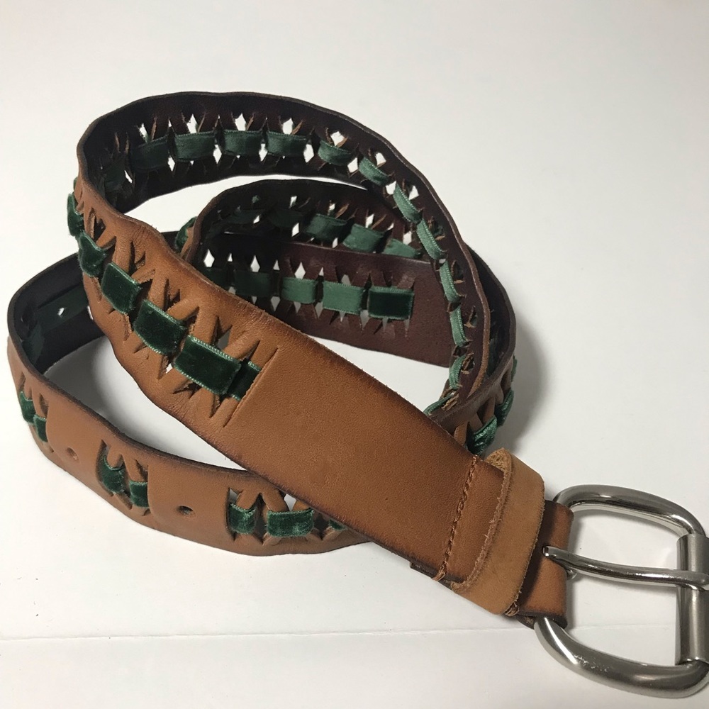 Linea Pelle Leather Boho Green Ribbon Weave Belt
